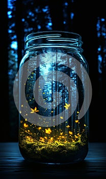 fireflys and a forest in a jar sitting on a table