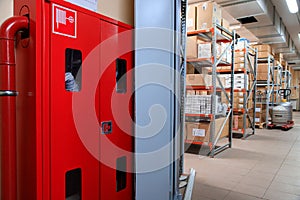 Firehose in warehouse. Fire safety. fire and safety equipment