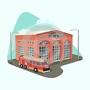 Firehouse building or fire department with truck photo
