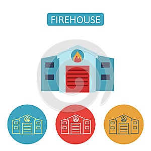 Firehouse building flat icons set.
