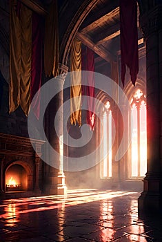 Firelit Medieval Chamber Washed In Soft Sunset Glow From Grand Gothic Windows