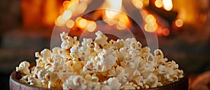 Firelit Movie Night: A Warm Bowl of Popcorn Bliss. Concept Cozy Atmosphere, Movie Fanatics,