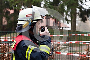 Fireman in action and spark with radios set