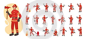 Fireman actions. Fire rescue. Emergency service. Man worker with firefighting equipment. Male person at job. Disaster