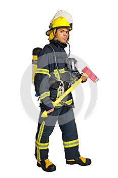 Fireman with breathing air cylinder apparatus and axe