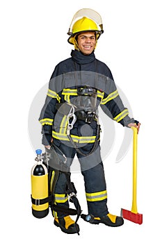 Fireman with breathing air cylinder apparatus and axe