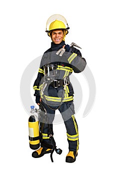 Fireman with breathing air cylinder apparatus and hooligan crowbar