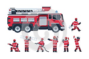 Fireman. Cartoon fire engine and firefighters. Professional rescuers extinguish flame using hose and ladder. Male