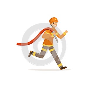 Fireman character running with water hose, firefighter at work vector illustration