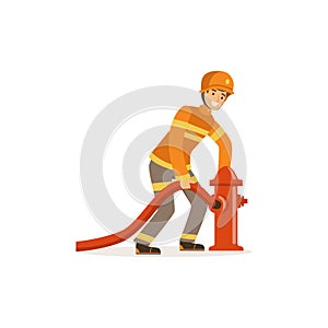 Fireman character in uniform and protective helmet connecting water hose to fire hydrant, firefighter at work vector