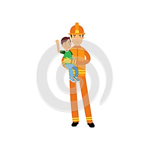 Fireman character in uniform and protective helmet, holding kid boy in his arms