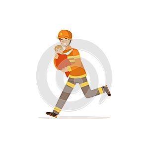 Fireman character in uniform and protective helmet rescuing a child, firefighter at work vector illustration