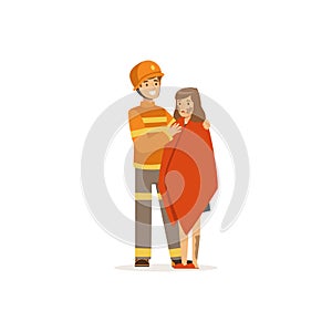 Fireman character in uniform and protective helmet rescuing a man from fire, firefighter at work vector illustration