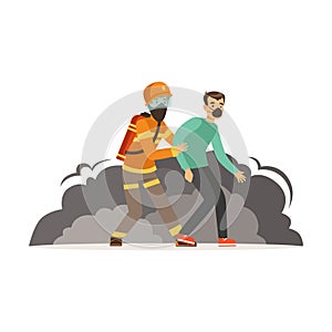 Fireman character in uniform and protective helmet rescuing a man, firefighter at work vector illustration