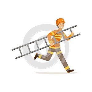 Fireman character in uniform and protective helmet running with ladder, firefighter at work vector illustration
