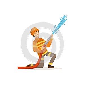 Fireman character in uniform and protective helmet spraying water using hose, firefighter at work vector illustration