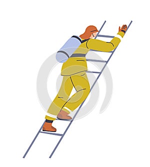 Fireman climbing on ladder, firefighter at work