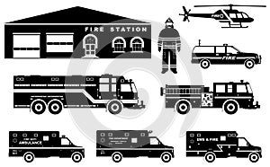 Fireman concept. Detailed illustration of firefighter, fire station building, firetruck and helicopter in flat style