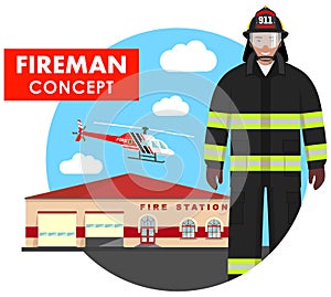 Fireman concept. Detailed illustration of firefighter in uniform on background with fire station building and helicopter