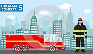 Fireman concept. Detailed illustration of man firefighter and fire truck in flat style on background with cityscape