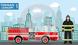 Fireman concept. Detailed illustration of man firefighter and fire truck in flat style on background with cityscape. Vector illust