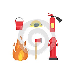 Fireman equipment, flat cartoon vector illustration isolated white background