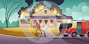 Fireman extinguish fire on house