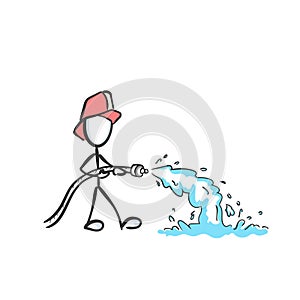 Fireman extinguishing fire. Fireman with water. Hand drawn. Stickman cartoon. Doodle sketch, Vector graphic illustration