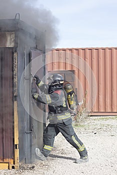 Fireman fire training station drill