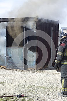 Fireman fire training station drill