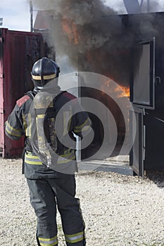 Fireman fire training station drill