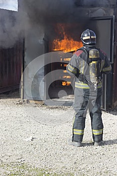 Fireman fire training station drill