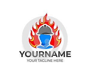 Fireman or firefighter in helmet comes out of flame or fire, logo design. Fire fighting and fire department, vector design