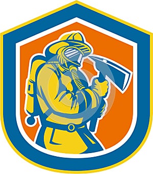 Fireman Firefighter Holding Fire Axe Shield