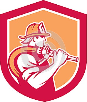 Fireman Firefighter Holding Fire Hose Shoulder Shield