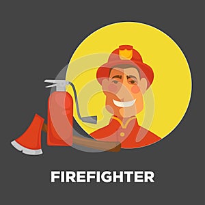 Fireman or firefighter uniform with fire extinguishing equipment extinguisher and ax vector poster