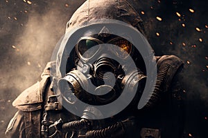 Fireman in gas mask and fire protective clothing, dark background