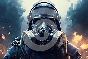 Fireman in gas mask and fire protective clothing, dark background