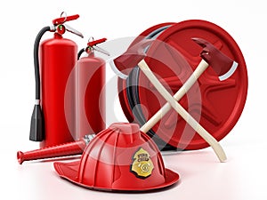 Fireman hat, hose, extinguishers and axes. 3D illustration