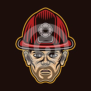 Fireman head in firefighter helmet character vector illustration in colored style isolated on dark background