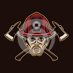 Fireman head in firefighter helmet and two crossed axes character vector illustration in colored style isolated on dark