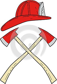 Fireman Helmet Crossed Fire Axe Drawing