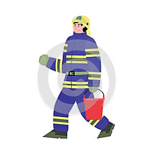 Fireman holding bucket fighting fire, flat cartoon vector illustration isolated
