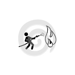 Fireman holding hose extinguishing fire with water icon