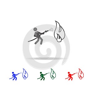 Fireman holding hose extinguishing fire with water icon. Elements of firefighter multi colored icons. Premium quality graphic desi