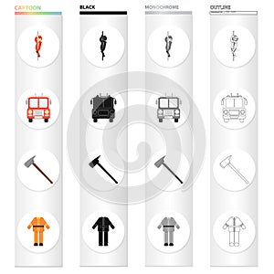 Fireman, machine, fire ax, fireman`s protective suit. Fire Department set collection icons in cartoon black monochrome