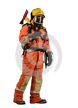 Fireman with a mask and equipment  on his back in a fully protective suit on a white background