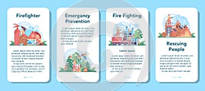 Fireman mobile application banner set. Professional fire brigade firhting