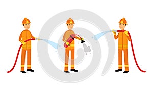 Fireman in Orange Uniform with Hosepipe and Fire Extinguisher Working Vector Illustration Set