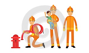 Fireman in Orange Uniform Saving Little Boy and Holding Hosepipe Vector Illustration Set